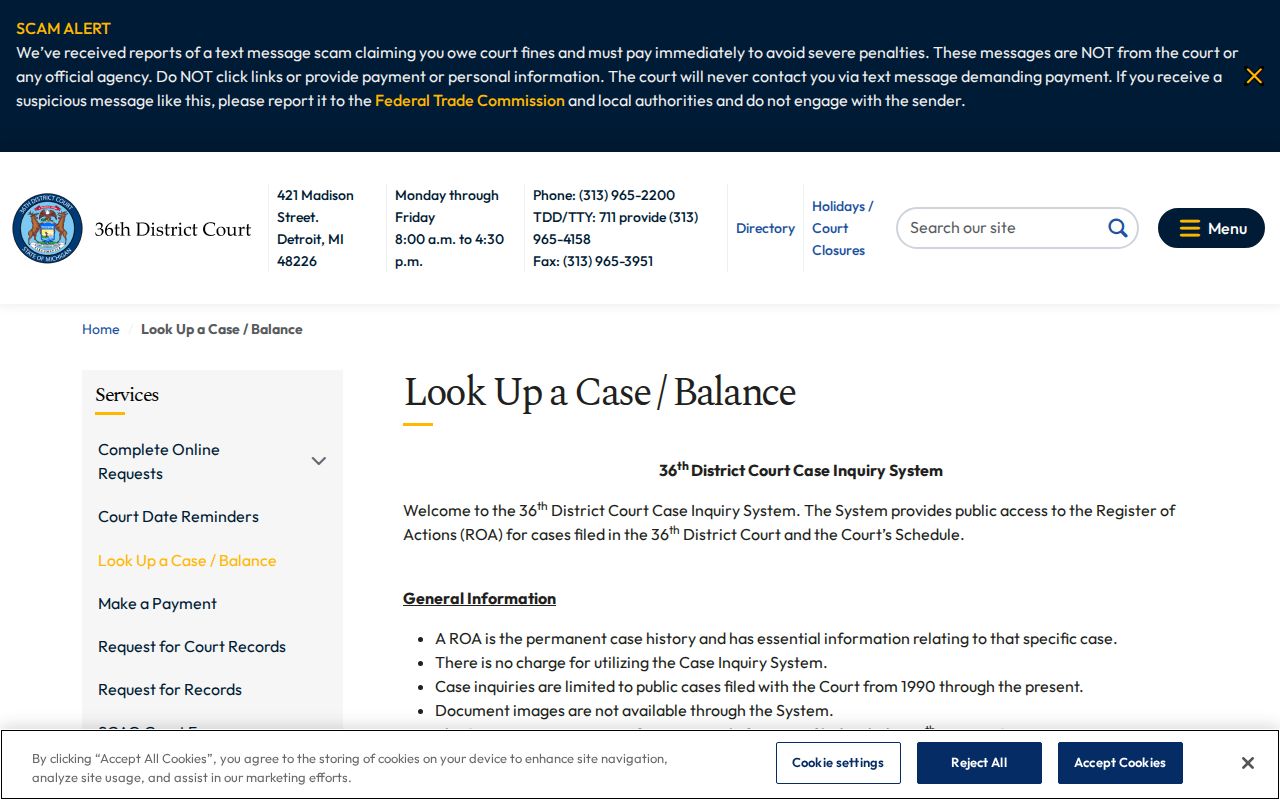 Wayne County Detroit court-record inquiry page