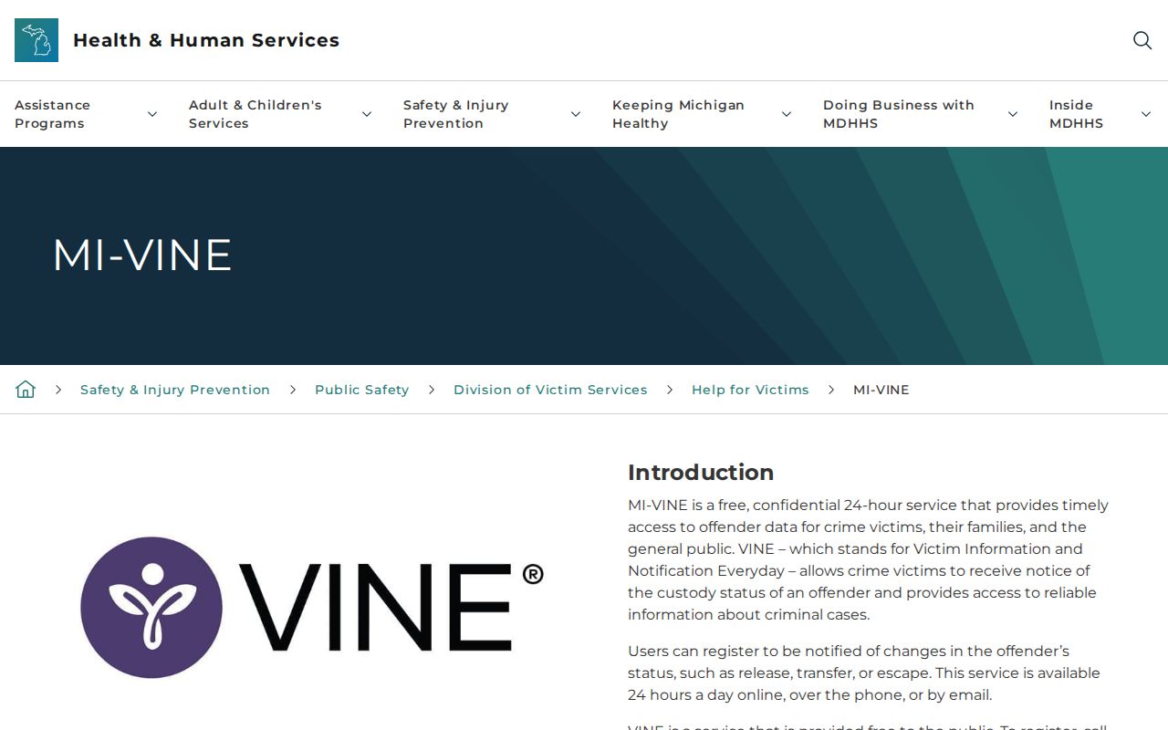 Michigan MI-VINE Wayne County custody-status notification source