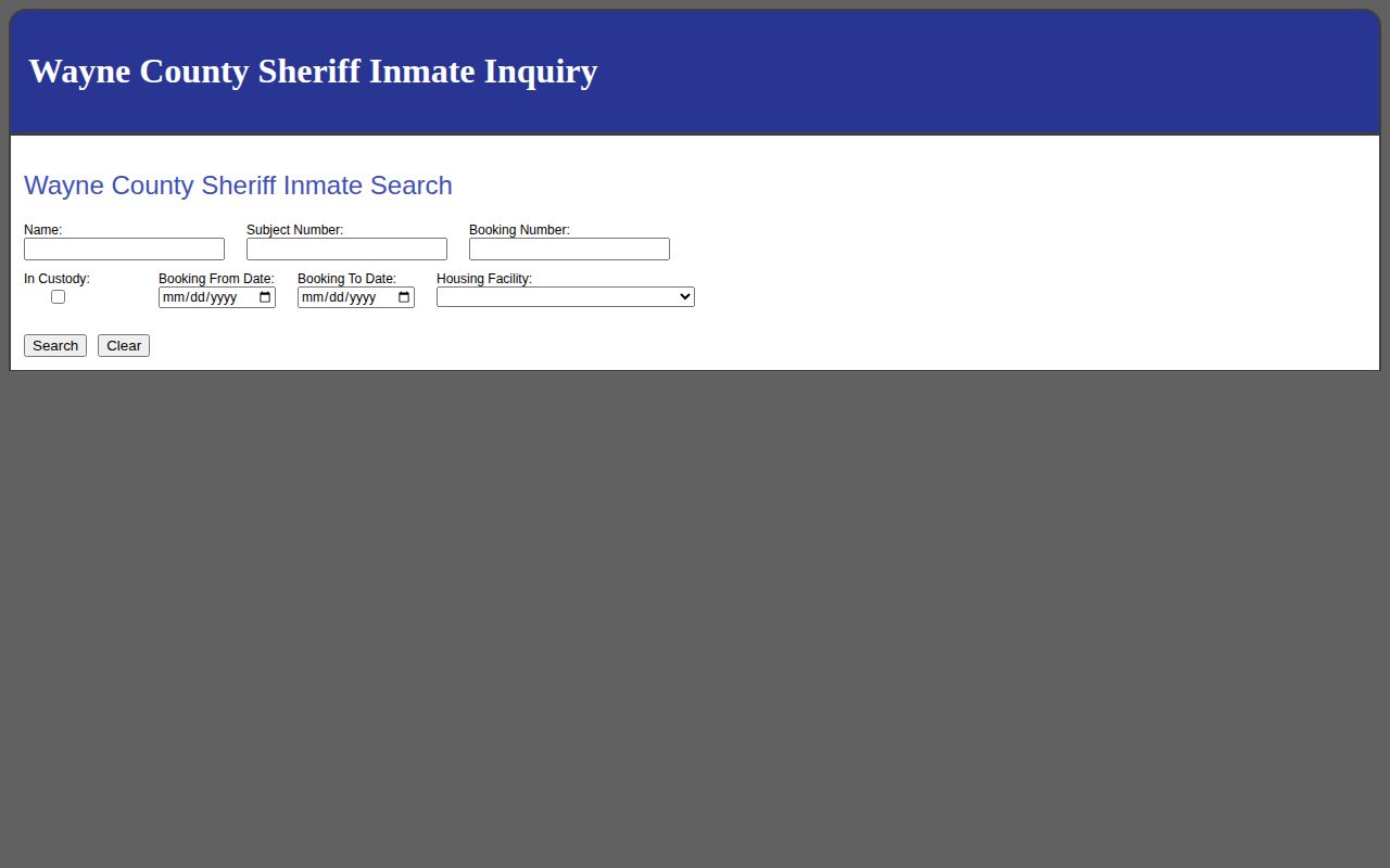 Wayne County Tyler current-custody search fields on the official roster